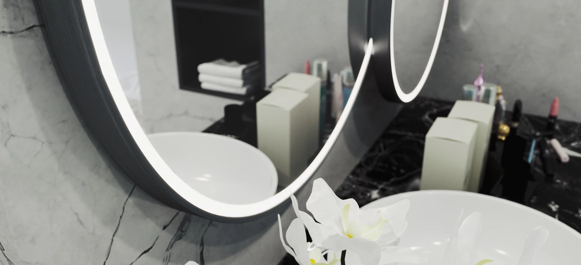 福岡にある照明付きアルミフレームミラーの下には、白い蘭とシンクが配置されています。