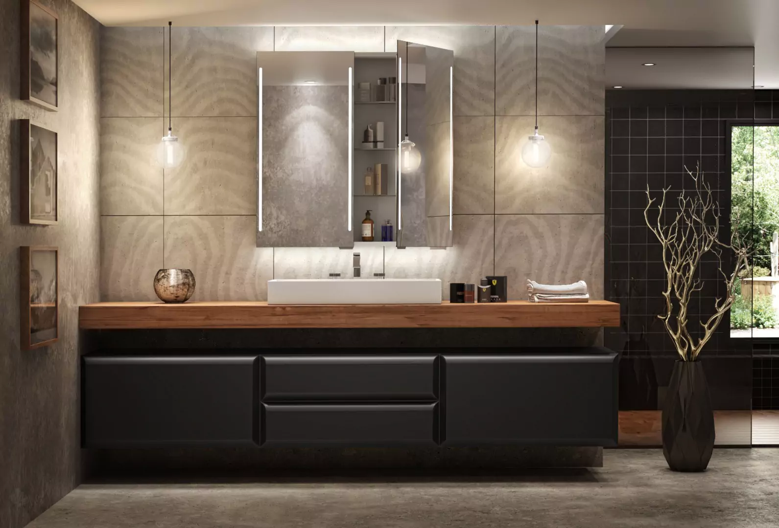 福岡にあるオーダーメイドのキャビネットには、スリムなシンクとエレガントなミラーが備えられています。