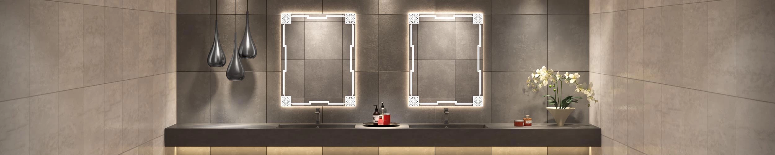 Lighted mirror on a grid patterned concrete wall with two gatsby grand mirrors etch in Sharjah.