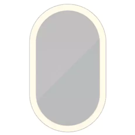 横浜にある白い楕円形の特注フロストミラーは、フレームに沿ってやさしく光る照明が施されています。