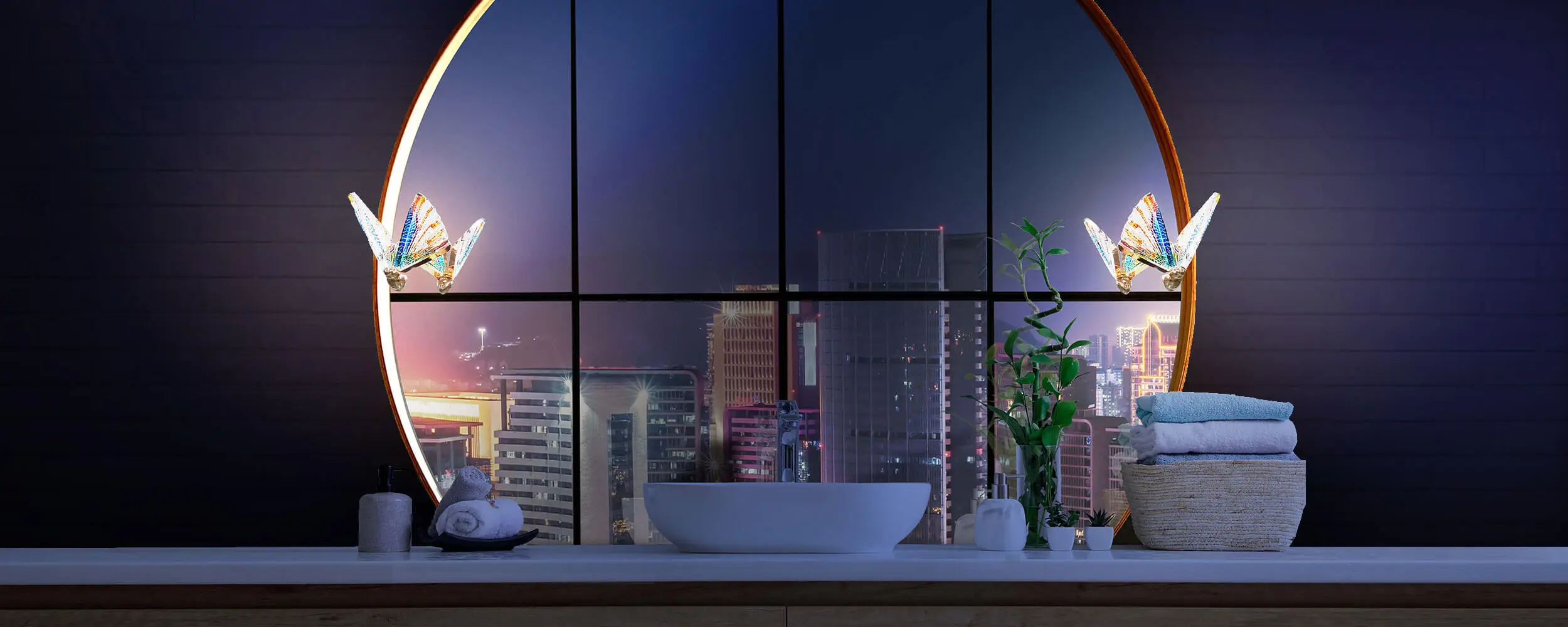 広島にあるモダンなバスルームには、Forminaランプを備えた大きな円形の鏡が設置されています。