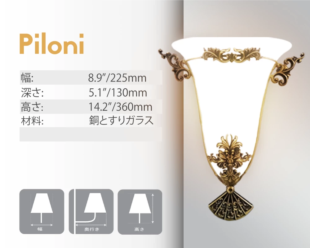 福岡にあるPiloniのLEDミラーランプの寸法と素材。